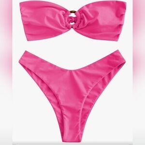 Small Fits Size 4 ZAFUL Bandeau Bikini O Ring Strapless Tie Back High Cut Pink
